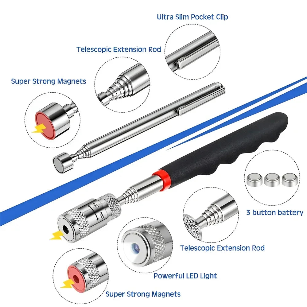 Telescopic Magnetic Pen Extendable Pickup Rod Stick with Light Mini Portable Magnet Pick Up Tool for Picking Up Screws Nut Bol