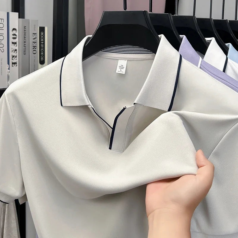 Men's Open-Neck Polo Tee - Silky Cooling Fabric, Breathable Slim