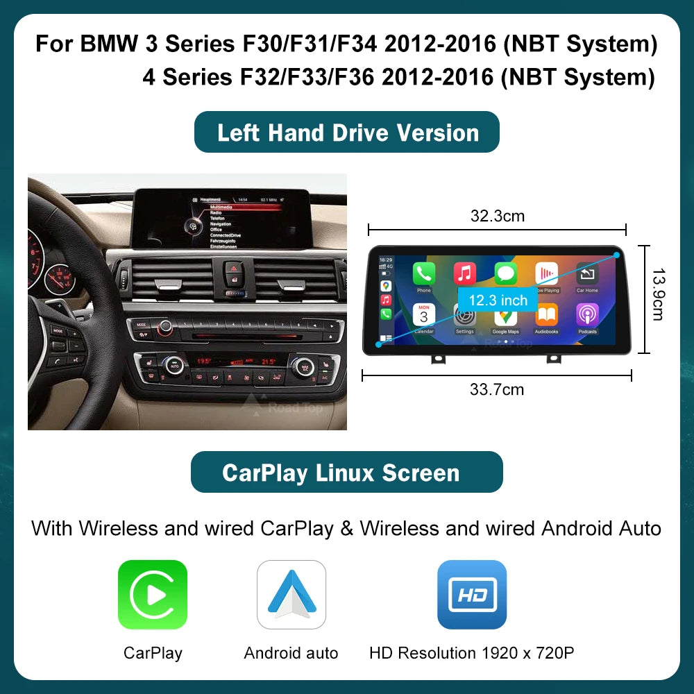 12.3" Wireless CarPlay & Android Auto Display Screen, Compatible with BMW 3 4 Series F30 F31 F32 F33 F34 F36