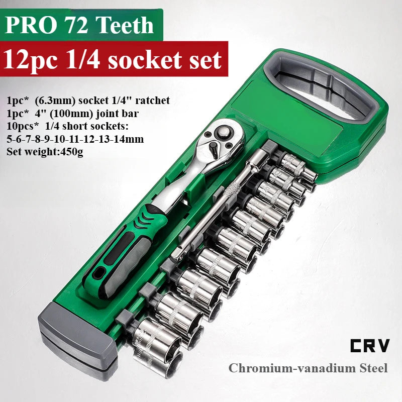1/4 3/8 1/2 Inch Ratchet Socket Wrench Set 72Drive Motorcycle Car Repair Hand Tools Spanner Sleeves Head Auto Repairing Kit