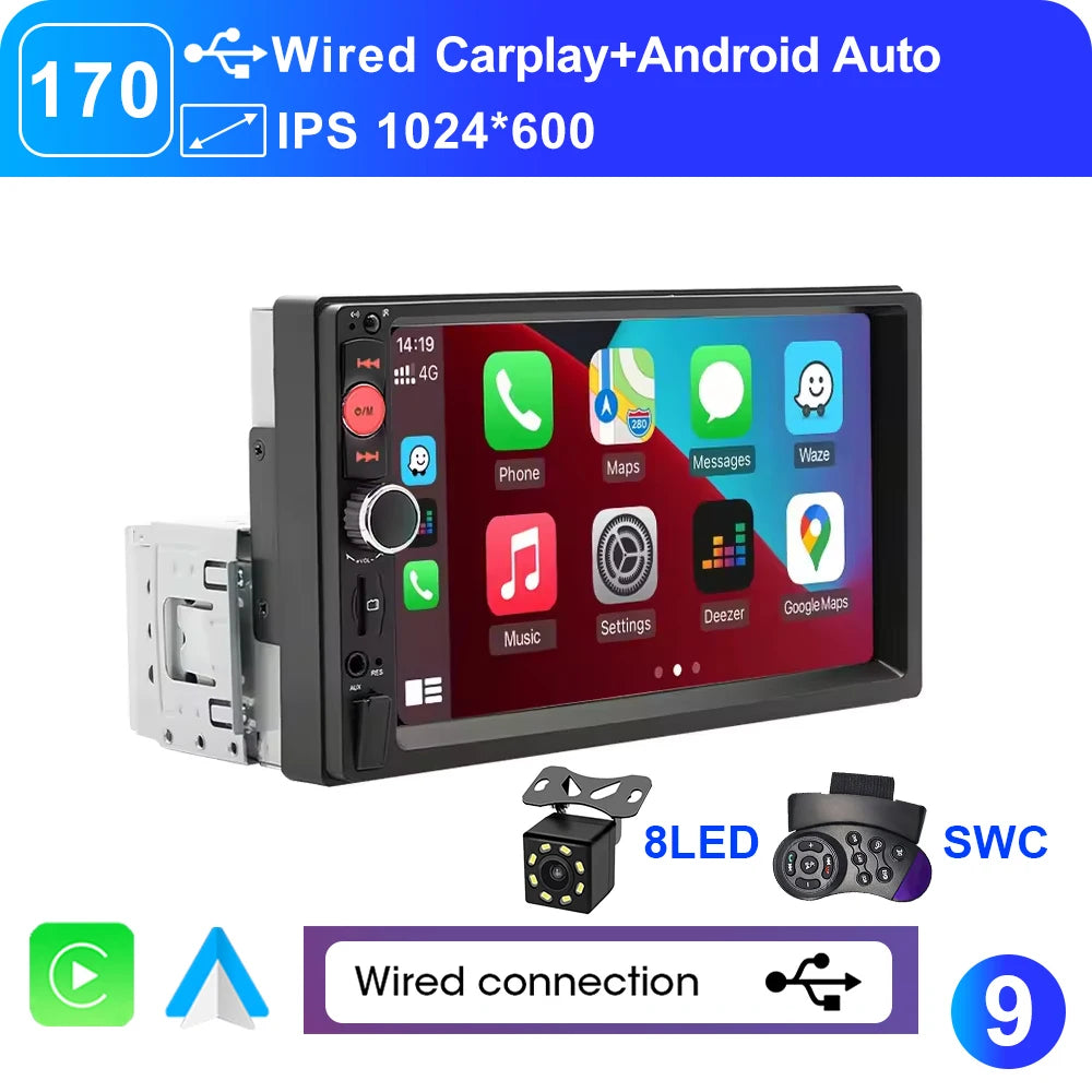 6.9" 1 DIN Universal IPS Car Stereo with Apple CarPlay & Android Auto