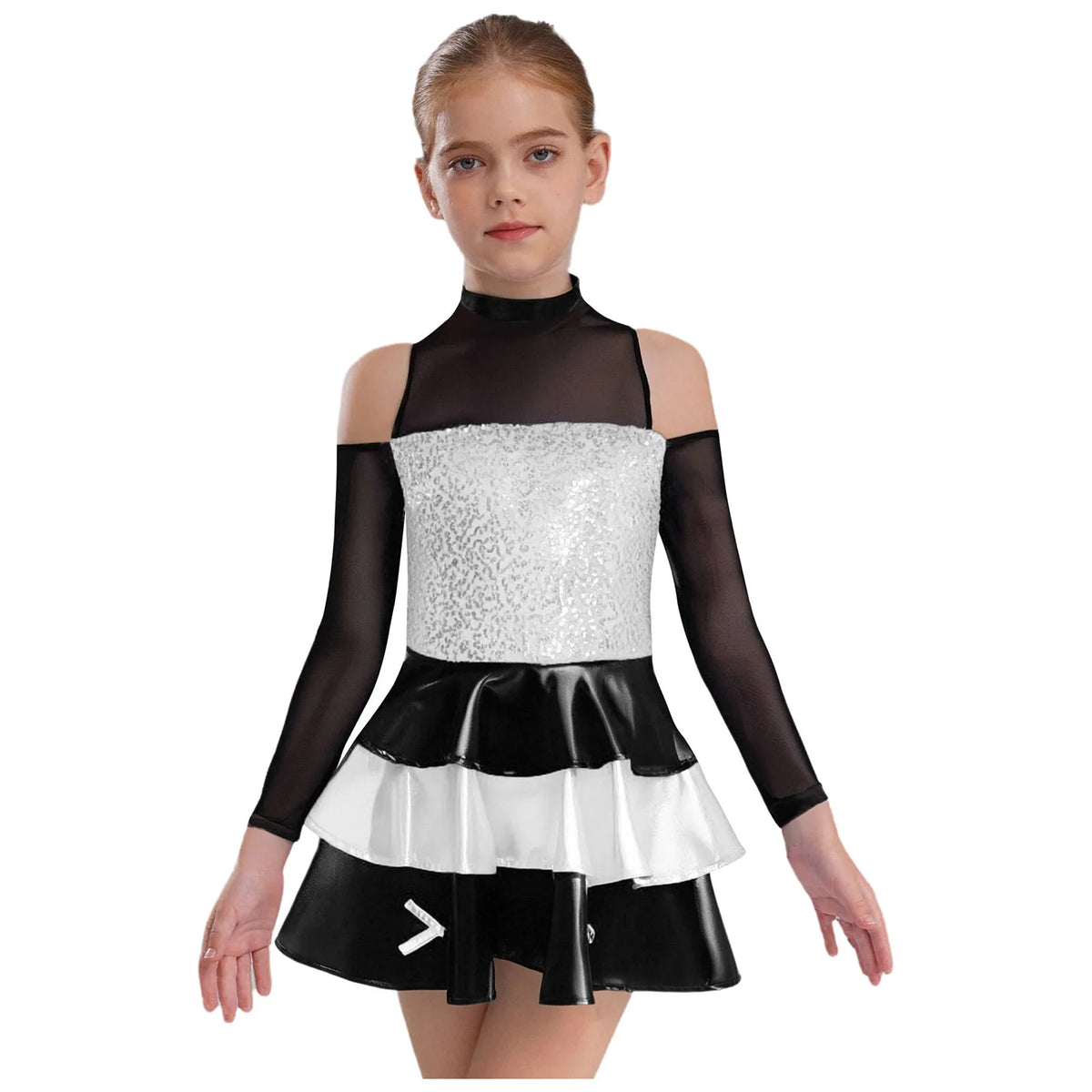 Girls cold-shoulder sequin tiered jazz dress