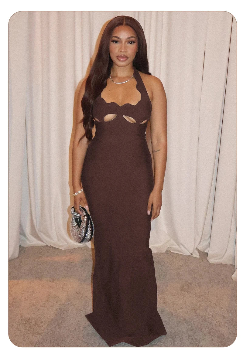VC Black Halter Elegant Dress For Women 2026 New Summer Evening Party Celebrity Bodycon Long Dress Red Brown Prom Vestido