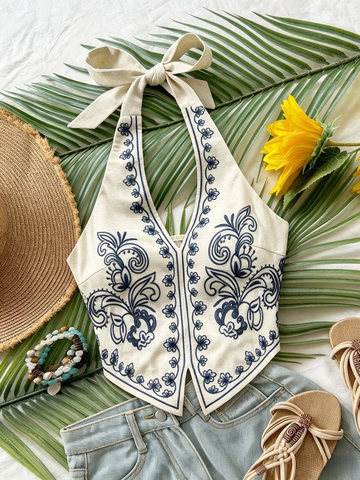 Women's embroidered boho halter crop top — view 1 of 8