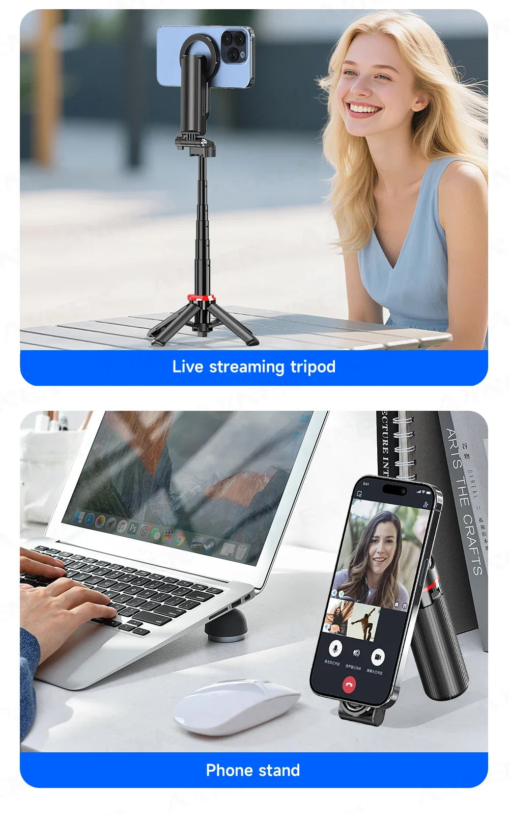 Mini Magnetic Selfie Stick Tripod Removable Remote Control Quadrapod Holder 360° Rotation for iPhone 16 15 14 13 12 Vlog Live
