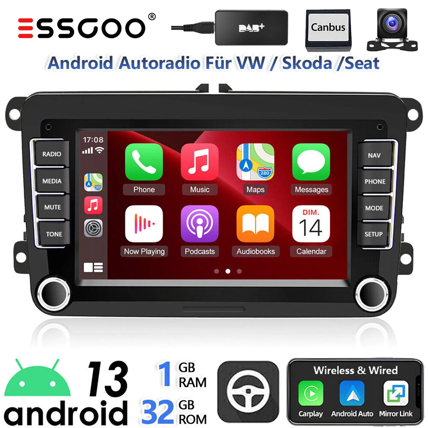 ESSGOO 7" Android 14 4G+64G Apple Carplay ChatGPT Car Stereo GPS WIFI RDS BT for VW Golf 5 6 Passat Polo Touran Tiguan Caddy EOS