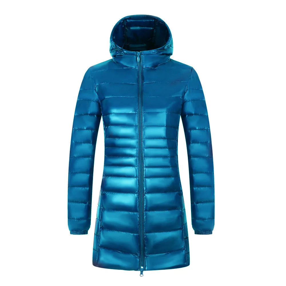 Women's Long Puffer Coat with Storage Bag - Light Hip-Length Jacket - photo 12