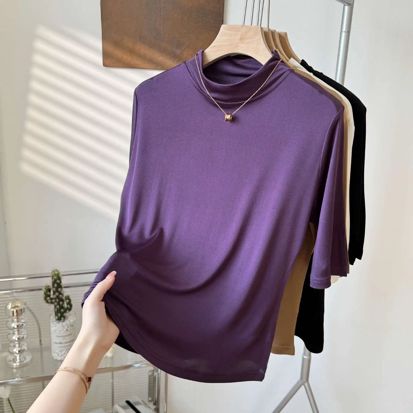 Yuyue's 100% Mulberry Silk Basic Women's T-shirt Solid Color Large Size Half Crew Neck Mulberry Silk Top Mid-sleeve Base Shirt