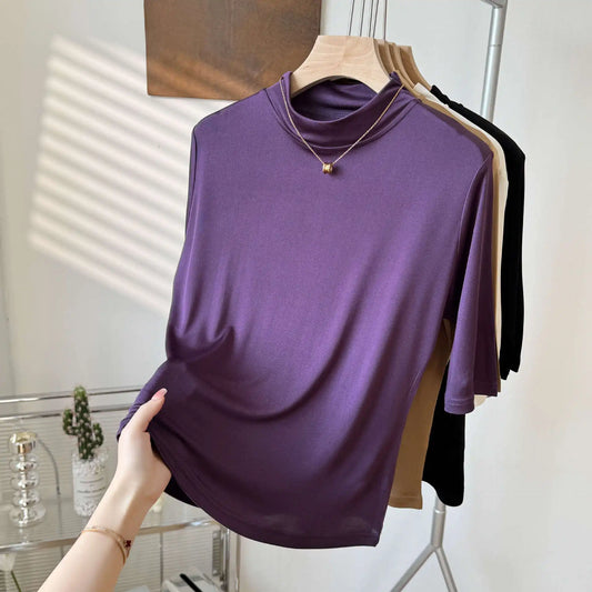Yuyue's 100% Mulberry Silk Basic Women's T-shirt Solid Color Large Size Half Crew Neck Mulberry Silk Top Mid-sleeve Base Shirt