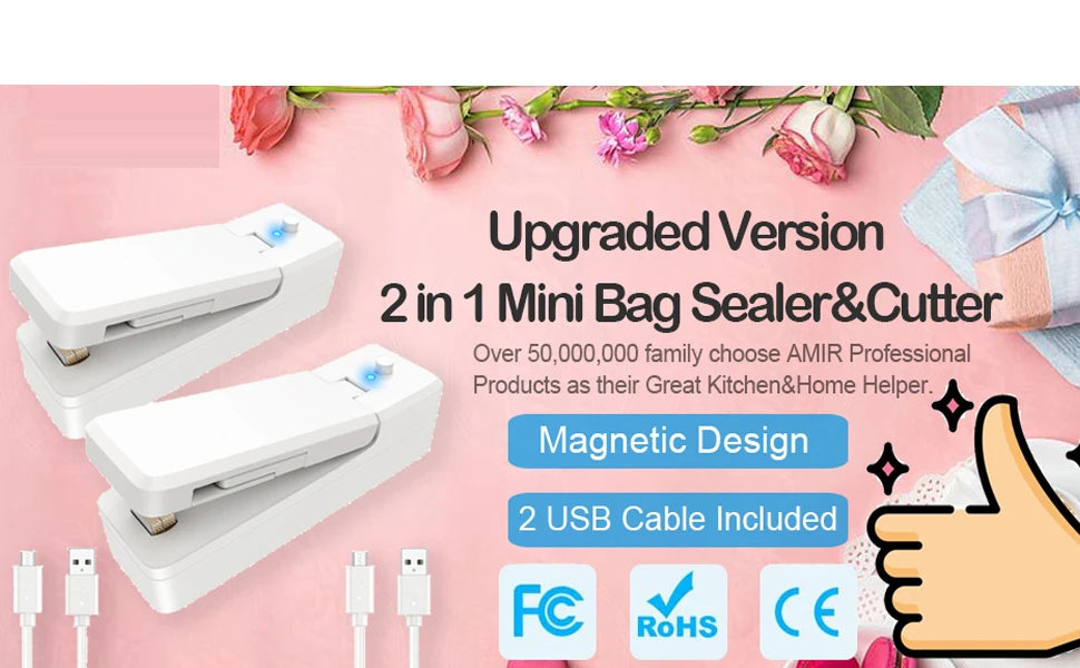 USB Mini Bag Sealer 2-in-1 Portable Heat Sealers Rechargeable Handheld Vacuum Heat Sealers &Cutter for Plastic Bag Storage Food