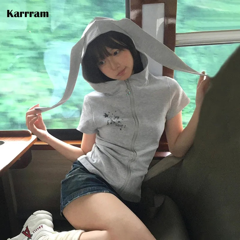 Y2K Hooded Tee – Rabbit-Ear Zip Harajuku Short-Sleeve Top