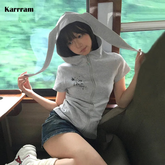 Y2K Hooded Tee – Rabbit-Ear Zip Harajuku Short-Sleeve Top