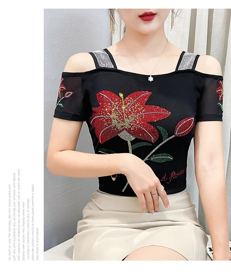 Women's Off-Shoulder Rhinestone Mesh Top