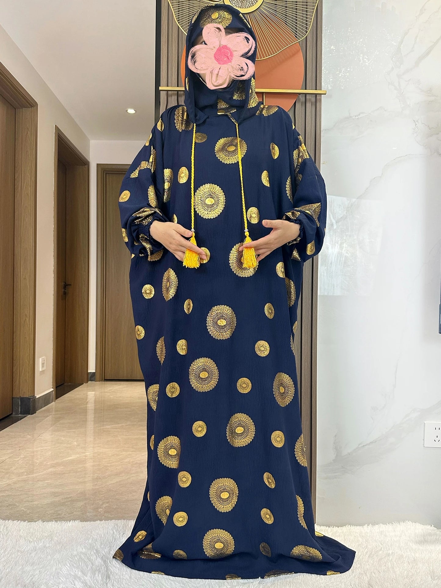 Women's Cotton Embroidered Abaya Kaftan – Gold Dust Shimmer, Loose Fit, All-Season Muslim Dress