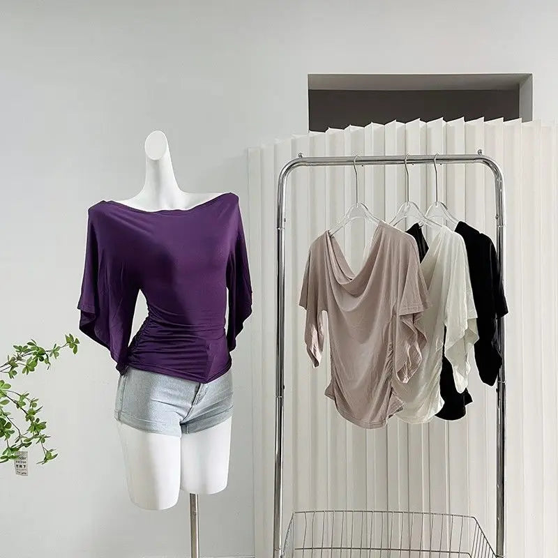 Sexy Summer Off Shoulder T shirt Women Elegant Batwing Short sleeve Cowl Neck Tops Korean Chic Tight Tshirt Lady Tees 2026 New