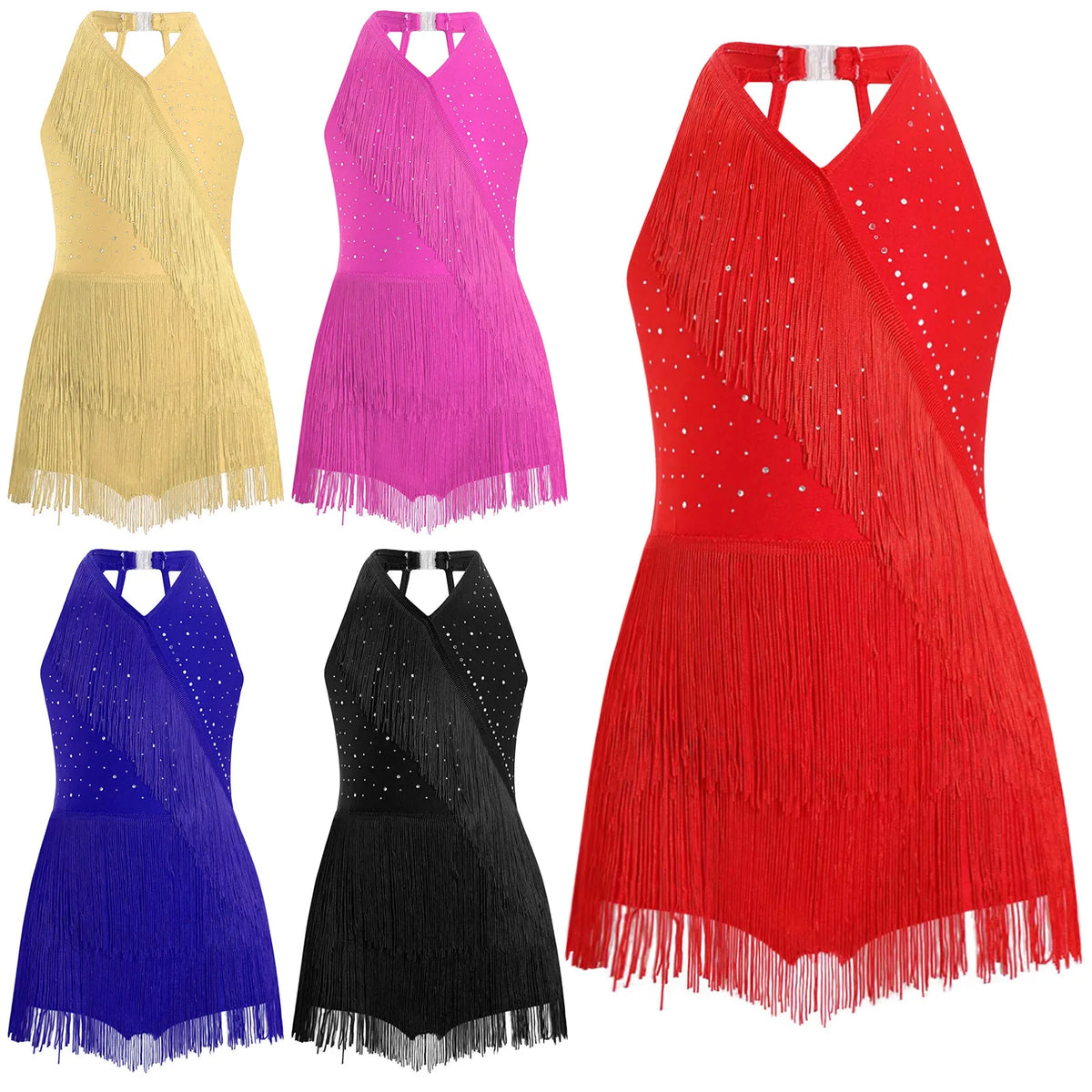 Girls rhinestone fringe Latin leotard dress
