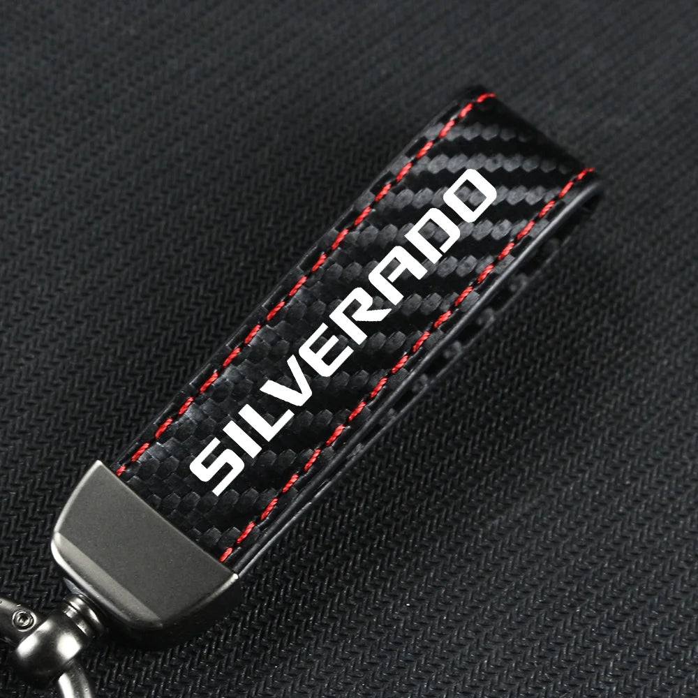 Carbon Fiber Leather Car Keychain Key Chain Pendant Keyring Horseshoe Buckle for SILVERADO SONIC SPARK SS Auto Accessories