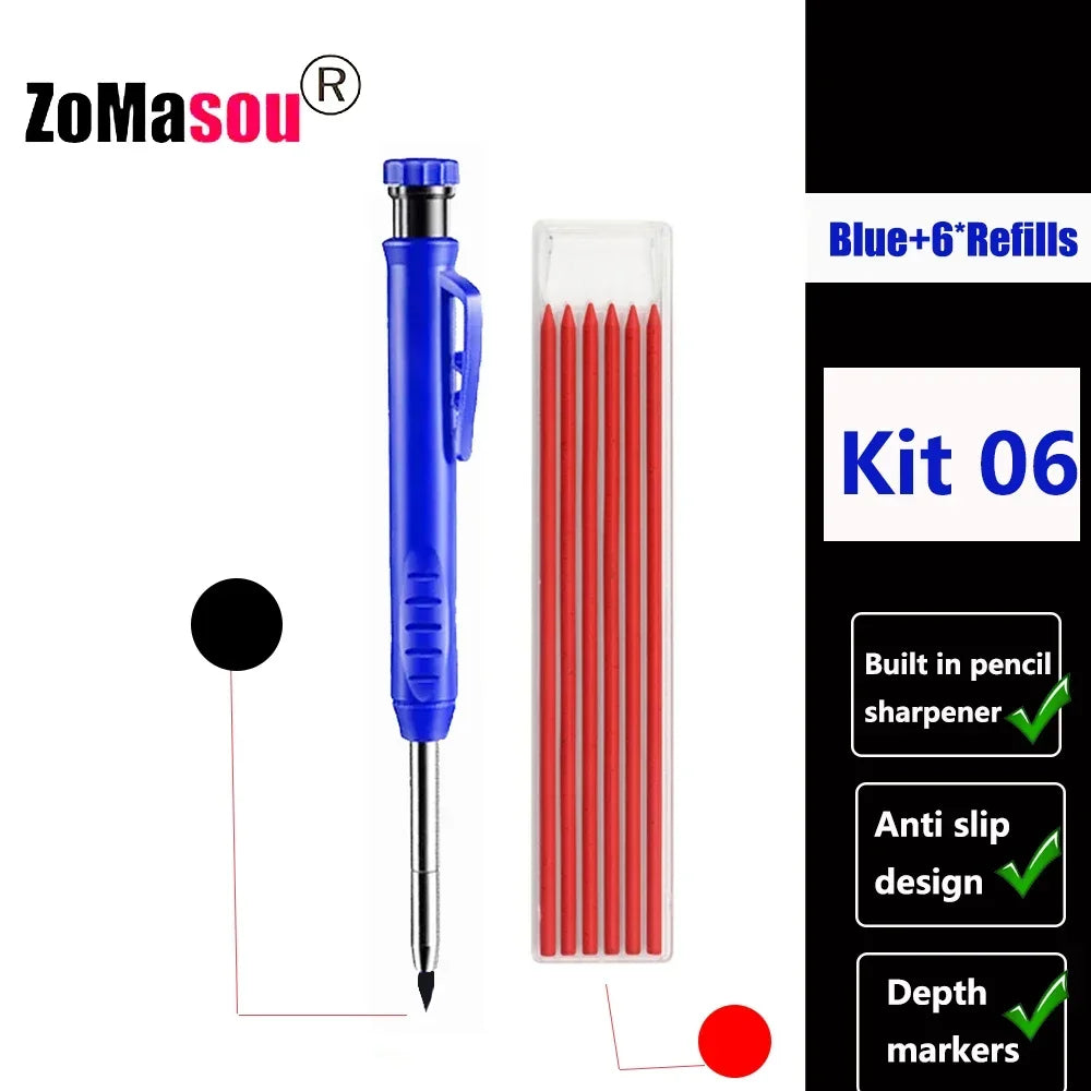 Reuseable Long Head Deep Hole Markers Pen Pencils Solid Carpenter Refill Leads Built-in Sharpener Woodwork Construction Tools