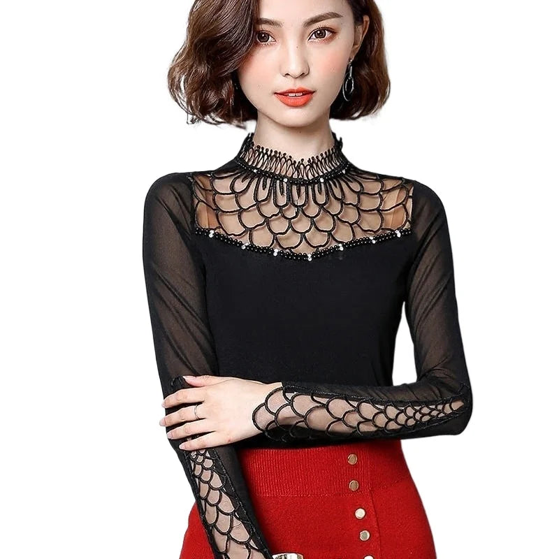 Women's Hollow Out Lace Patchwork Blouse - Long Sleeve Slim Top