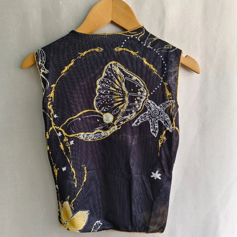 Kimotimo Y2k Mesh Print Tank Top Women Sleeveless Half High Collar Slim Fit Base Vest Harajuku Fashion Spicy Girl Camis Crop Top