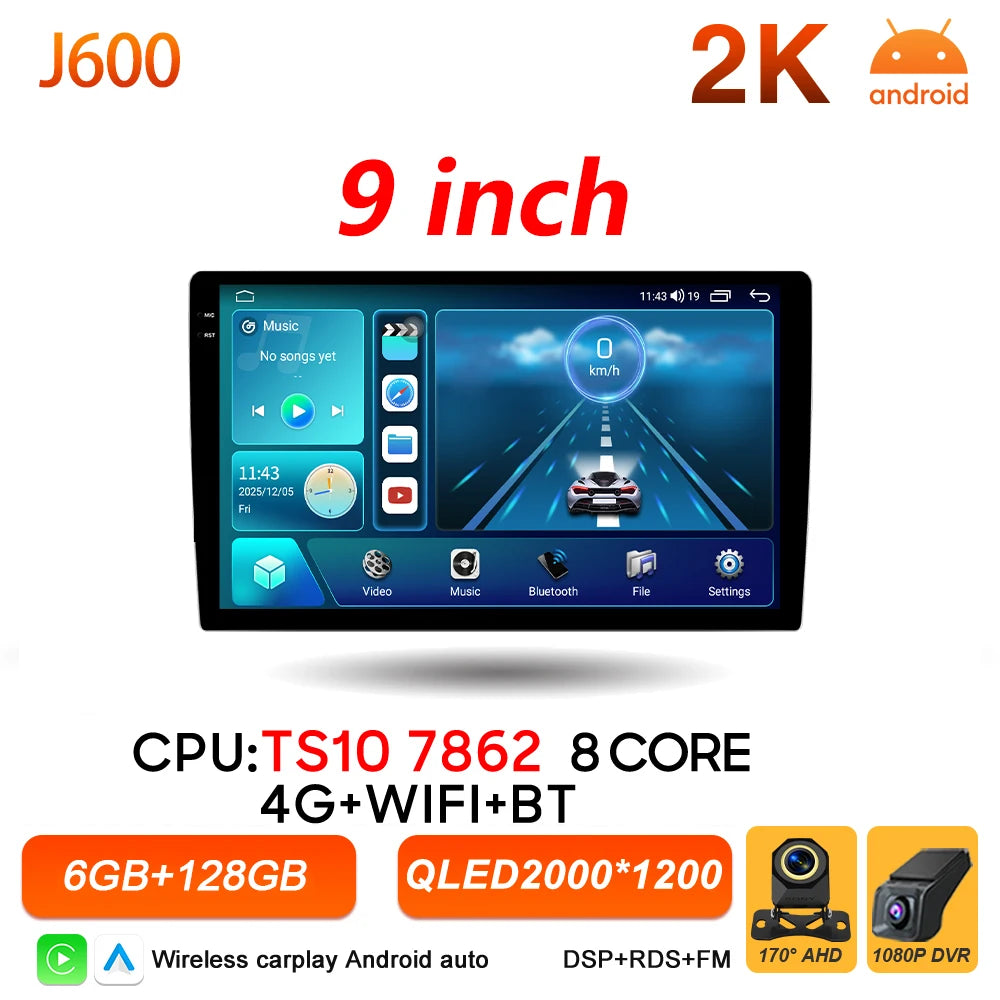 Universal 2-DIN Android Car Stereo (9"/10") — CarPlay, Android Auto, GPS, QLED Screen, WiFi, Bluetooth