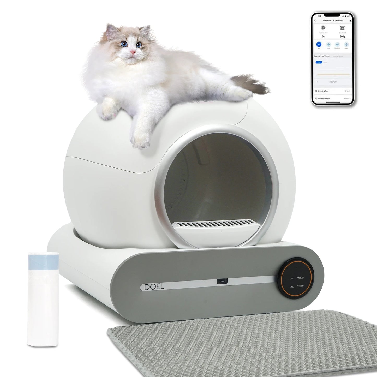 DOEL 65L Self-Cleaning Automatic Cat Litter Box – Smart App Control, WiFi, Trash Bag & Litter Mat Included | White