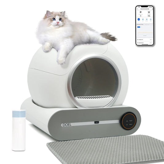 DOEL 65L Self-Cleaning Automatic Cat Litter Box – Smart App Control, WiFi, Trash Bag & Litter Mat Included | White