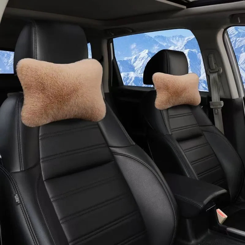 1pc Car Headrest Lumbar Pillow - Soft Imitation Rabbit Plush Comfort Cushion for All Seasons, Ergonomic Driver Support Headrest