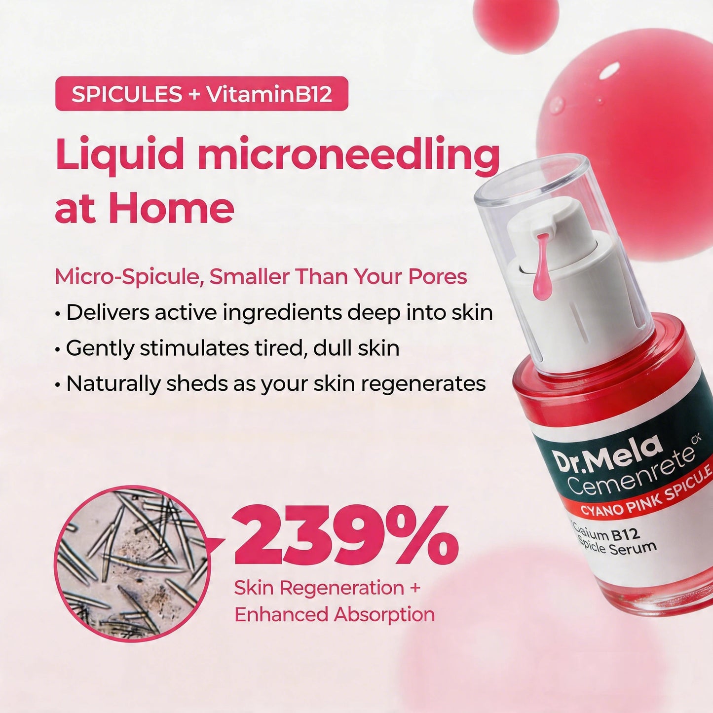 Cyano Pink Spicule Serum with Vitamin B12, Liquid Microneedle Pore Refining Face Essence, Niacinamide for Skin Texture Renewal,