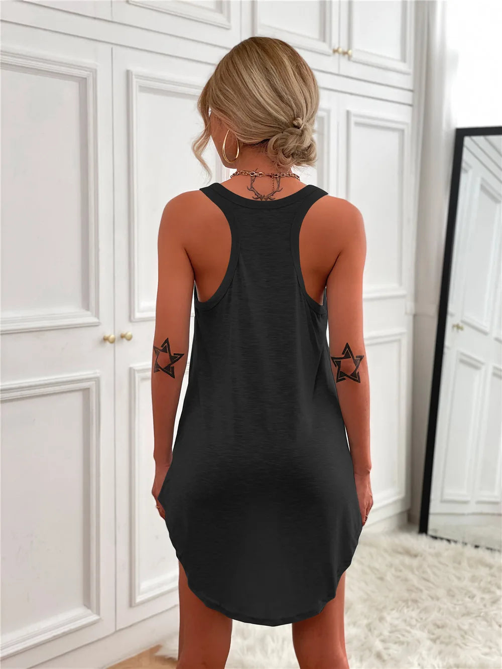 Women's Solid Color U-Neck Sleeveless Herringbone Suspender Vest Dress – Casual Versatile Mini Skirt