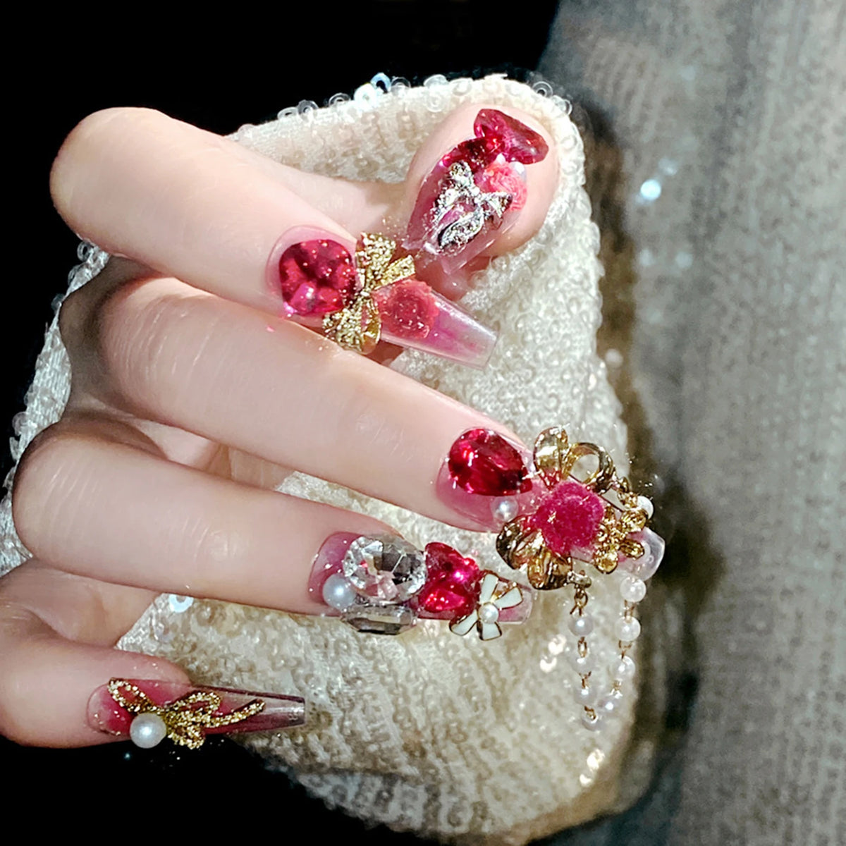 24pcs New Year Long Artificial Fake Nails Glossy Rose Pink 3D Flower Love Heart Bowknots Decor Press On Nails Charm False Nail