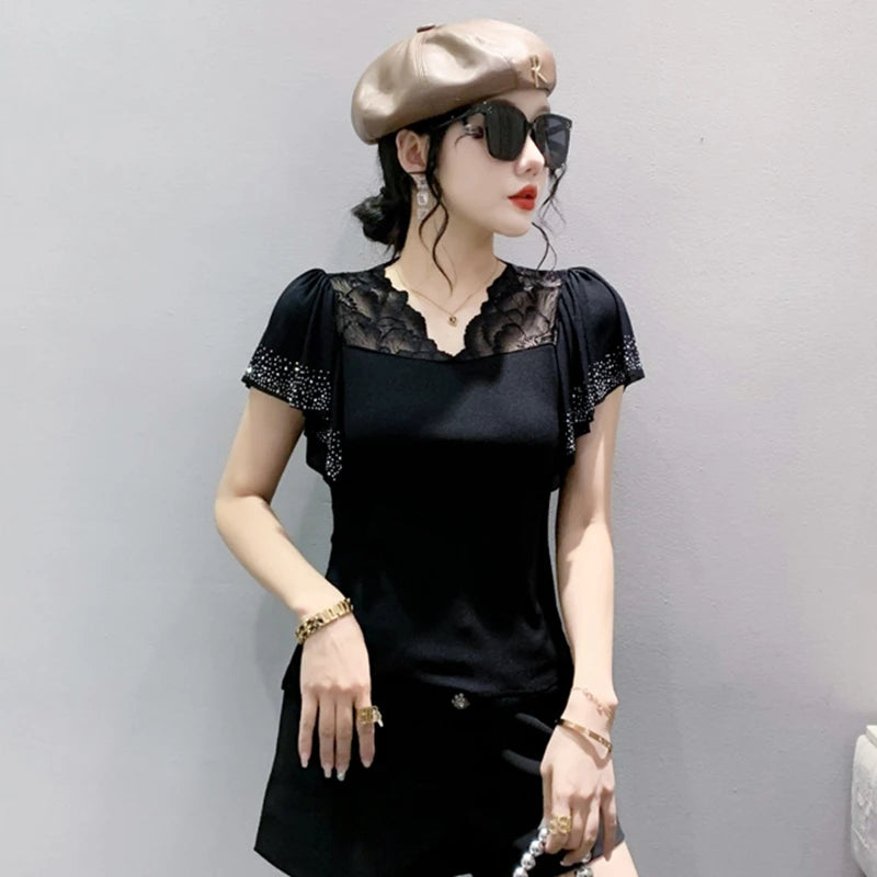 Women Casual Diamonds Lace T Shirts Summer 2026 Korean Fashion Y2k Clothes Slim V Neck Harajuku Sexy Ladies Streetwear Tops Tees