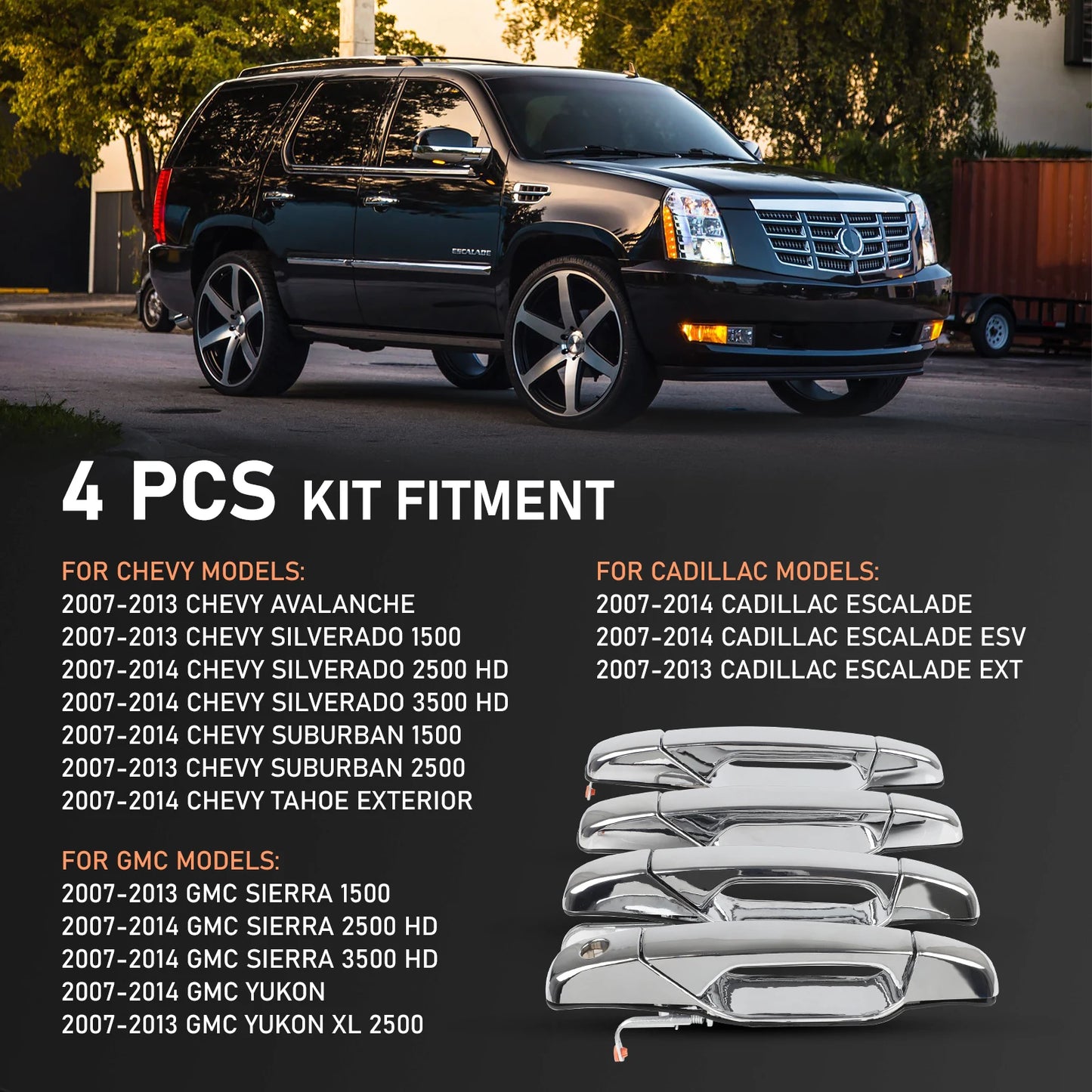 Nakuuly Exterior Chrome Door Handle 4PCS Front Rear Driver & Passenger For 2007-2014 Cadillac Escalade Chevy Avalanche Silverado