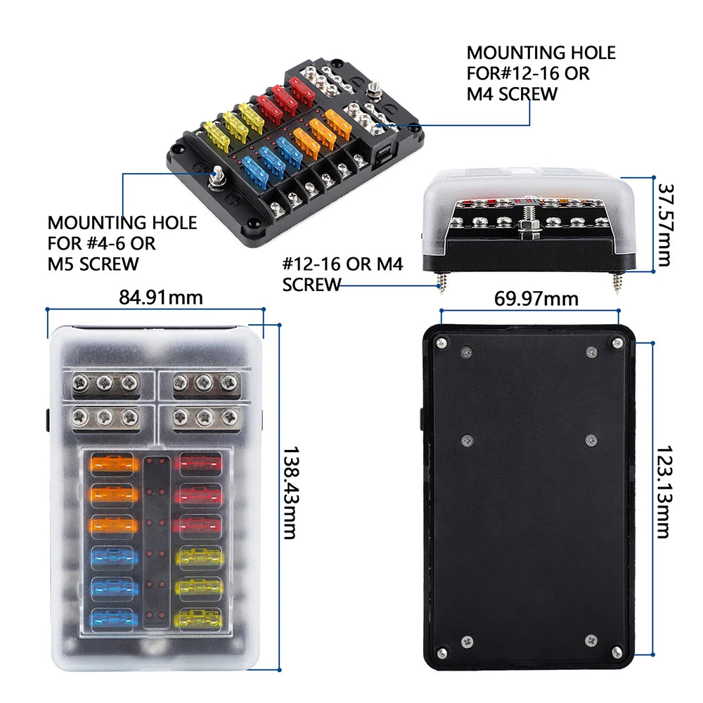 6-12 Way Blade Fuse Block Fuse Box Holder Cover With LED Indicator For a Pillar Switch Panel 12V-24V Board Camper RV Boat