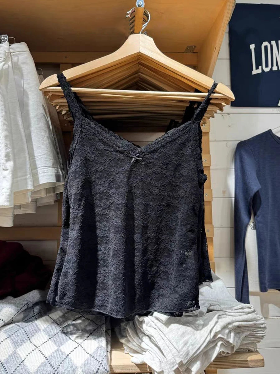 New Blue Lace Transparent Tank Tops Summer Bow Sexy V Neck Sleevless Slim Thin Camis Women Vintage Solid Sweet Mesh Crop Top