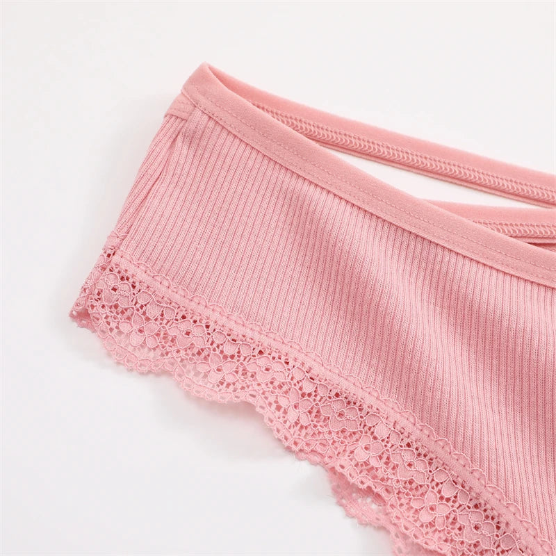 2PCS Cotton Panties for Women Sexy Lace Brazilian Briefs Female Low-Waist Cross Webbing Underpants Stretch Breathable Intimates