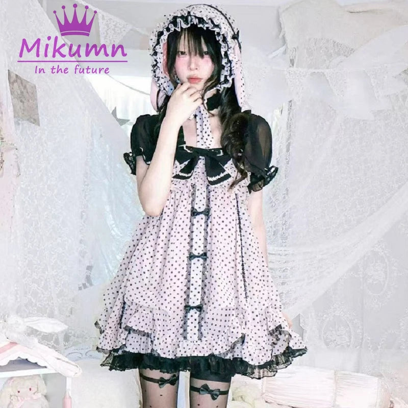 Women's Polka-Dot Bow Mini Dress — Vintage Pink Sleeveless Strap Dress