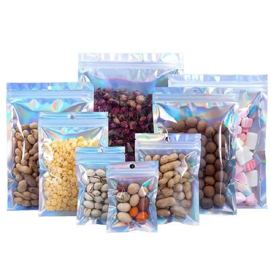 50/10PCS Laser Sealing Bags Plastic Holographic Candy Food Pouch Resealable Necklace Jewelry Gift Packaging Kitchen Storage Bag