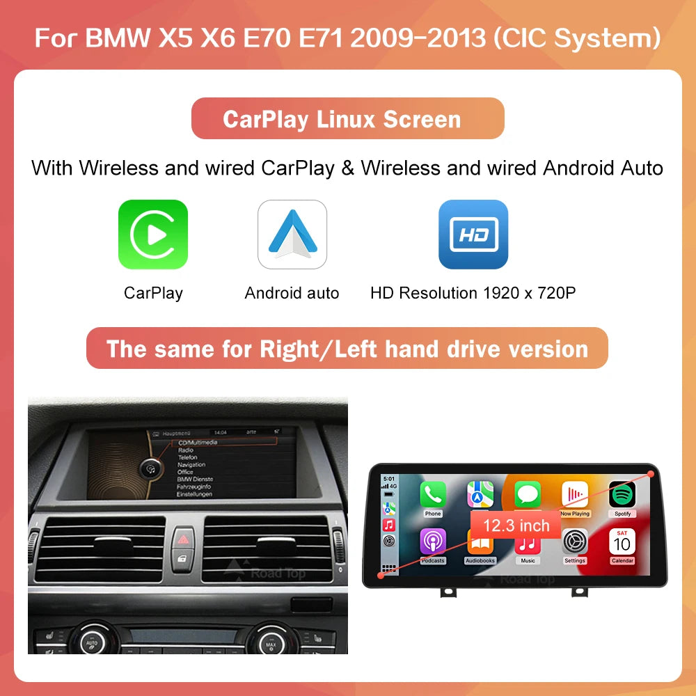 RoadTop 1920*720 Wireless CarPlay Android Auto Car Multimedia Display for BMW X5 X6 E70 E71 2007-2013 CCC CIC Linux Touch Screen