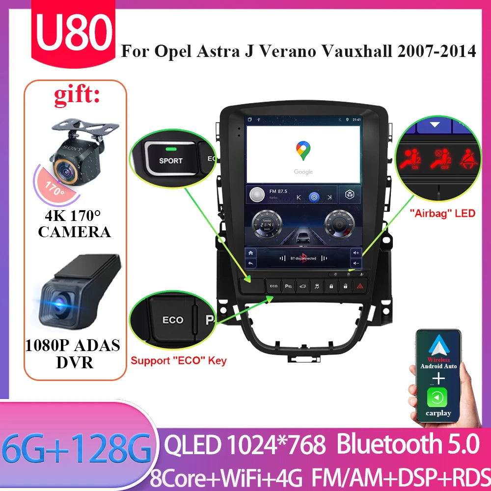 9.7" Android Car Stereo for Opel Astra J & Verano, Vauxhall (2007–2014) — CarPlay, GPS, 4G, Bluetooth