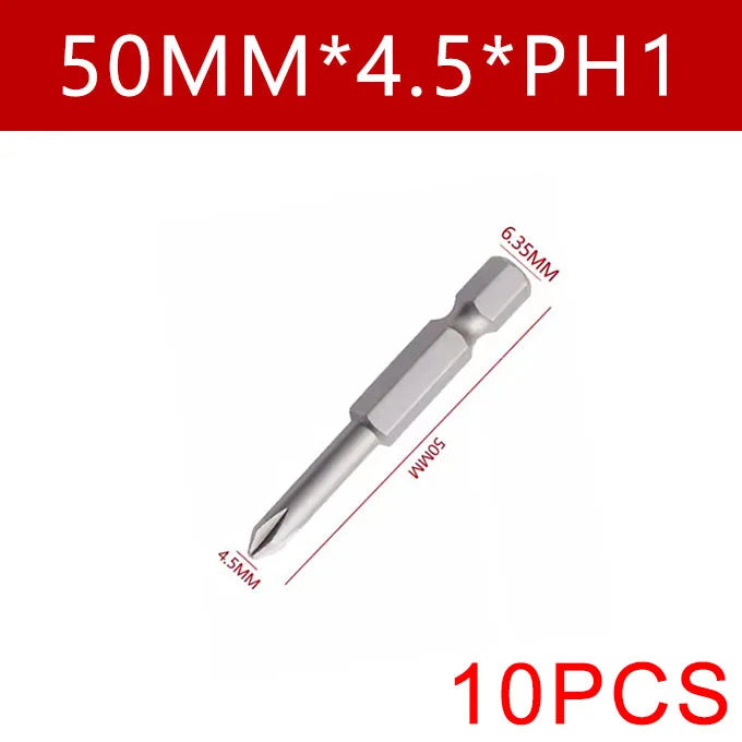 Cross Screwdriver Bit Set — 50mm Alloy Steel 1/4" Hex PH0/PH1/PH2 Bits