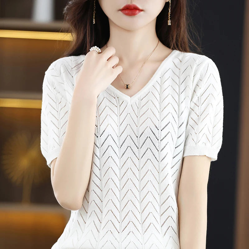 Women's T-shirt Summer New 100% Cotton Pullover Short Sleeve Casual Solid Women's Sweater Loose Fashion V-Neck Top T-shirt