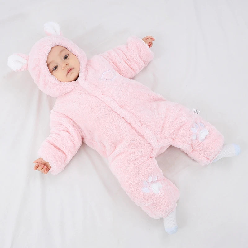 Baby Hooded Romper with Ears - Thick Winter Jumpsuit 0-24 Months - photo 2
