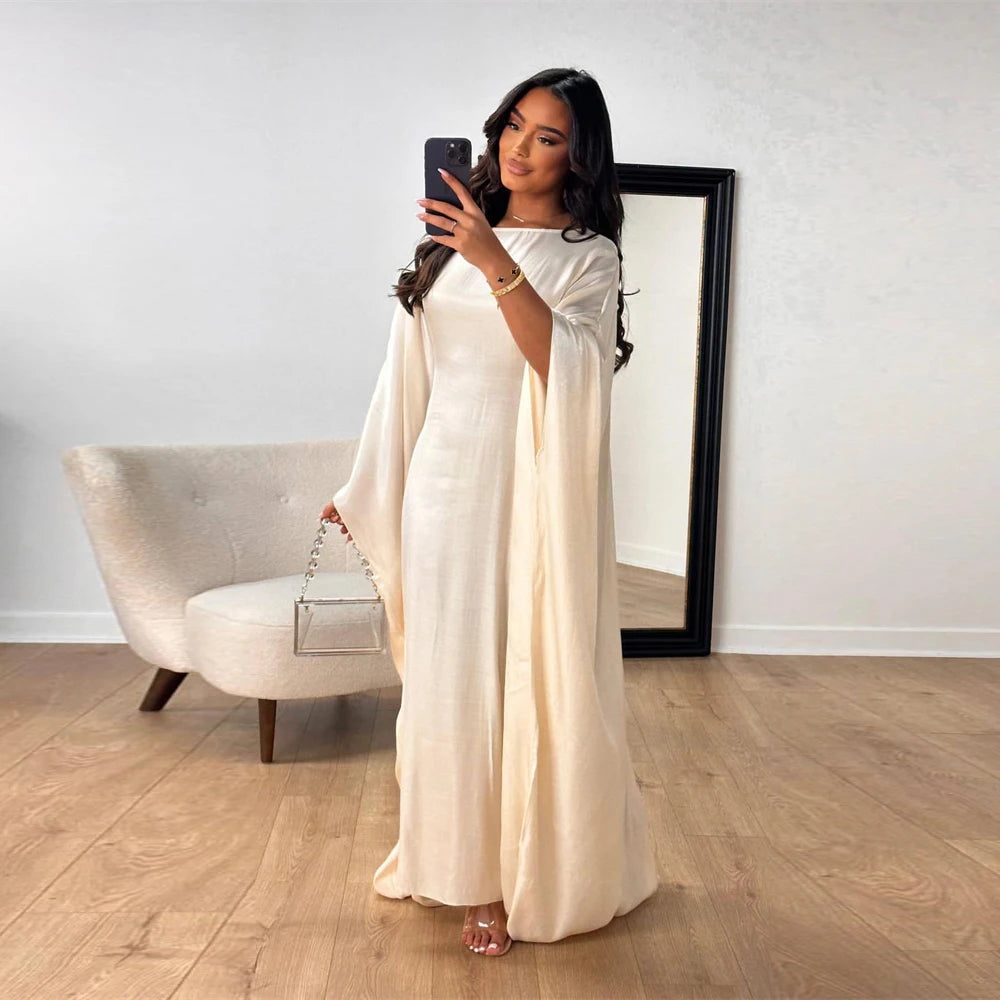 Shimmer Batwing Satin Abaya – Luxury Muslim Kaftan Dress for Eid & Ramadan