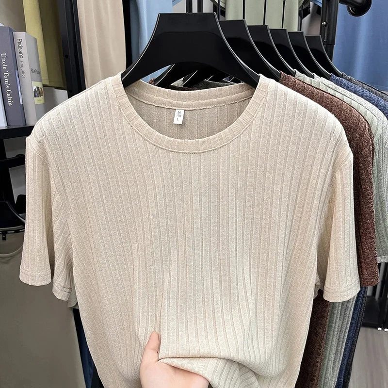 Men's Ribbed Knit Tee - O-Neck Stripe, Lightweight Breathable