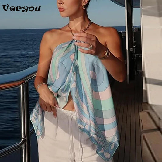 Fashion Halter Printed Vest Women Tank Tops Sleeveless Women T-Shirts Lady Beach Holiday Tops Fashion Shirt