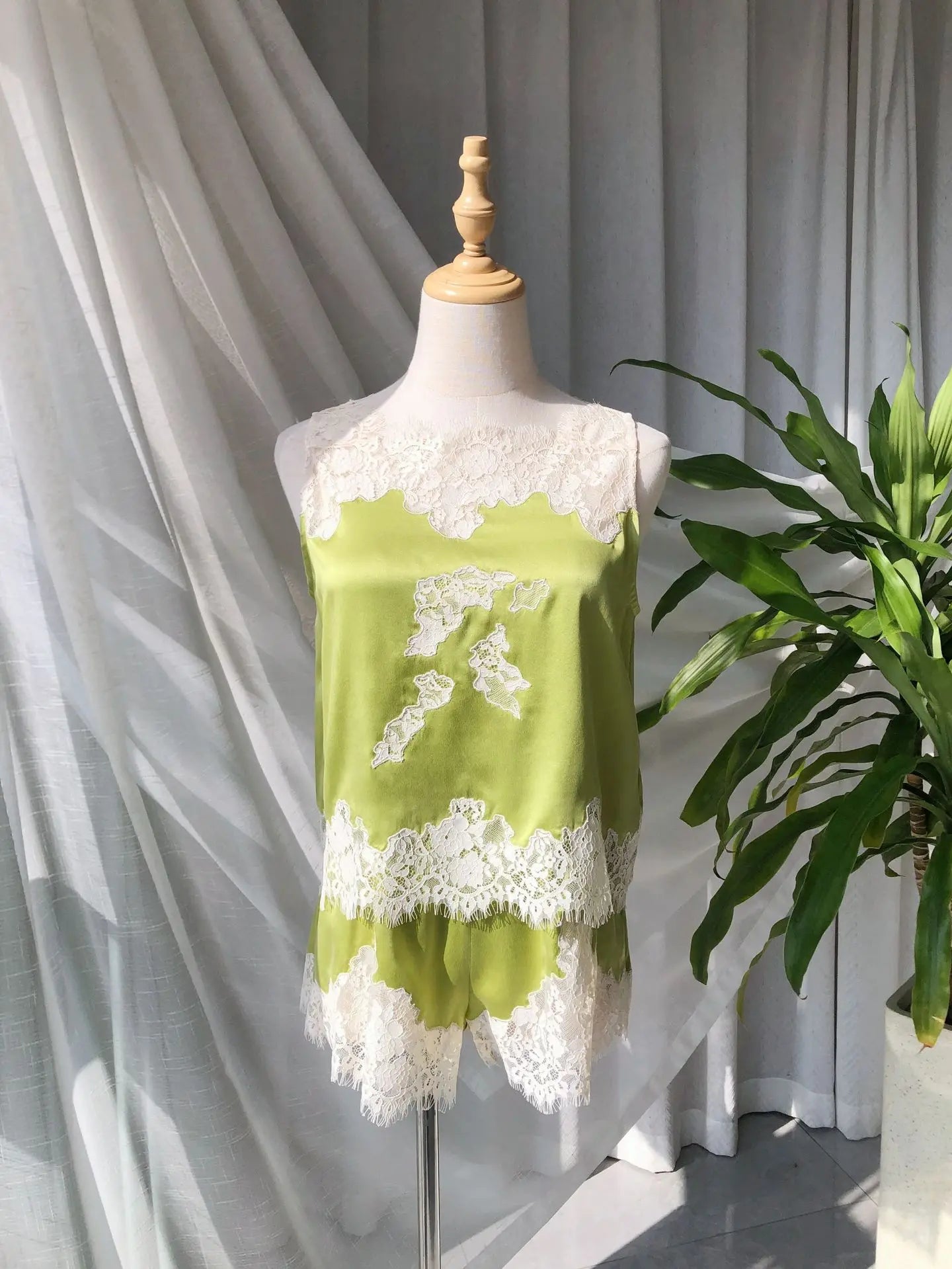 Soft Satin Lace Romantic French Lace Embroidered Satin Silk Sleeveless Vest Shorts