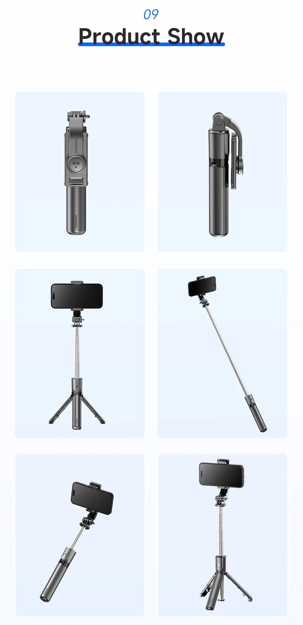 F01 Portable 6 Section Extendable Tripod Stand Lightweight Detachable Phone Holder 360 Degree Rotatable Bluetooth Selfie R