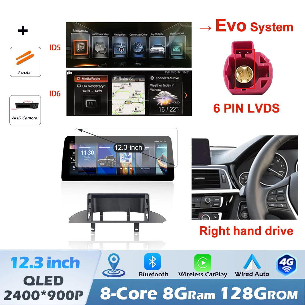 12.3" Right-Hand-Drive Wireless CarPlay & Android Auto Screen, Compatible with BMW 3 4 Series F30 F32