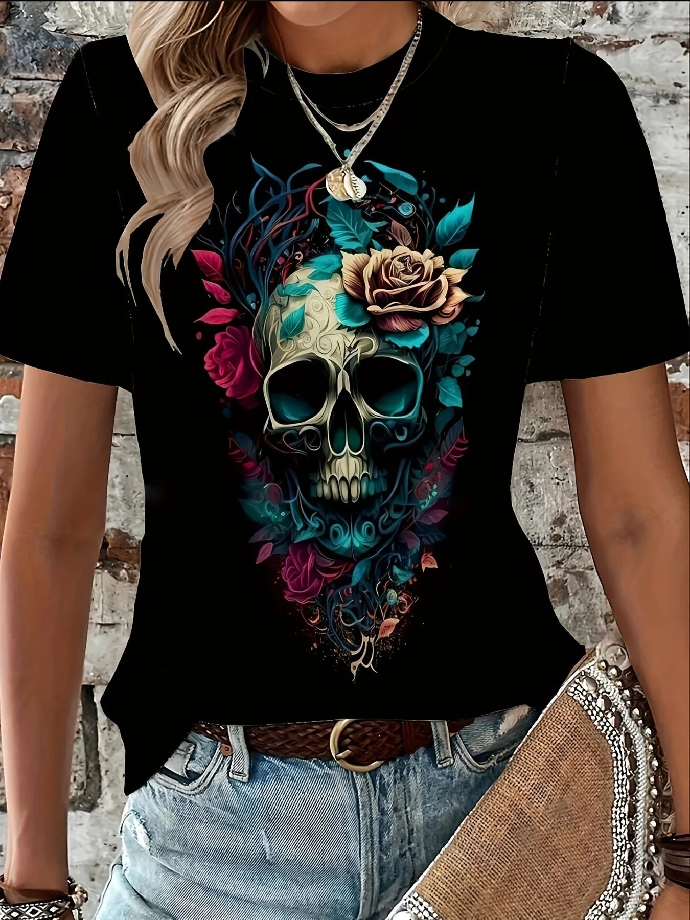 Women's fashion casual loose floral skull print round neck short sleeved comfortable T-shirt top